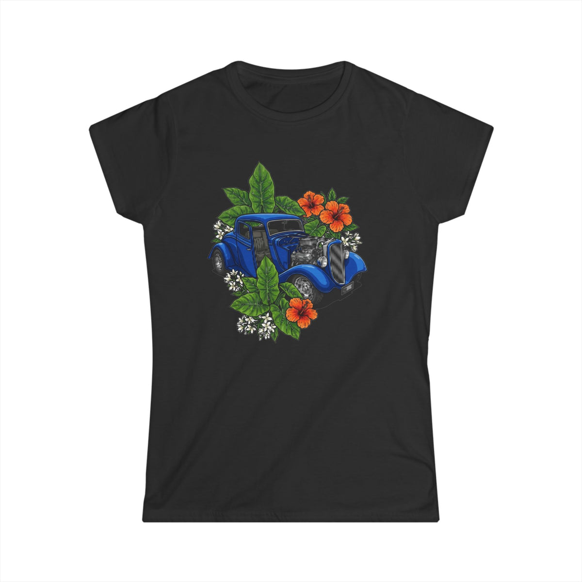 Women's T-Shirt - Classic White Softstyle Tee blue hot rod with hibiscus black. Blue Flames Design Studio 
