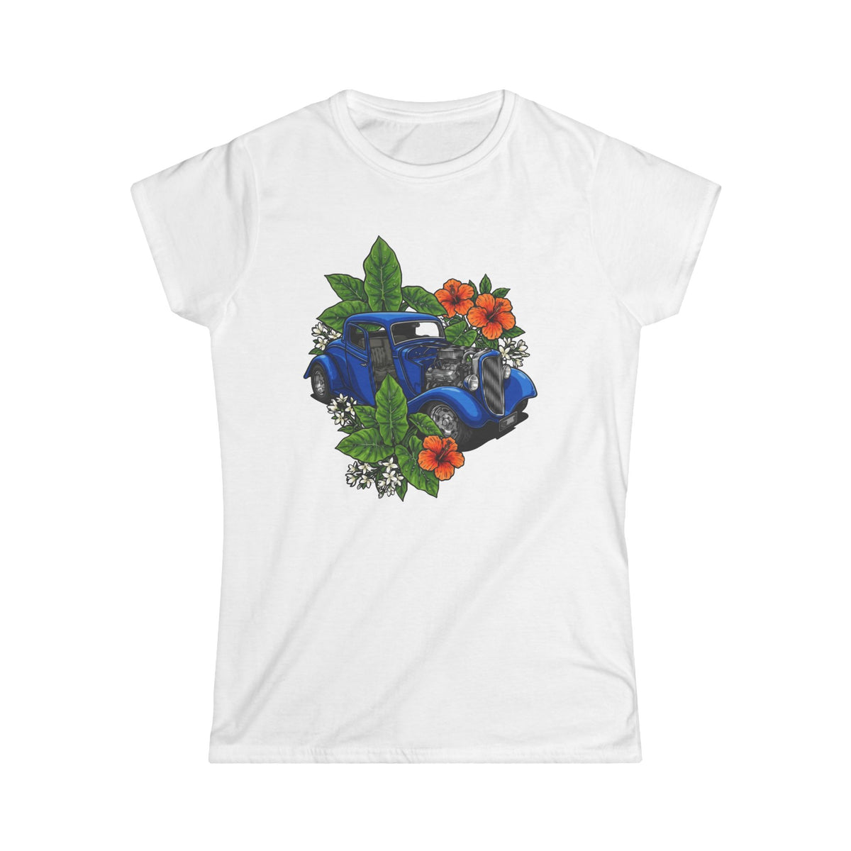 Women's T-Shirt - Classic White Softstyle Tee blue hot rod with hibiscus white blue flames design studio 