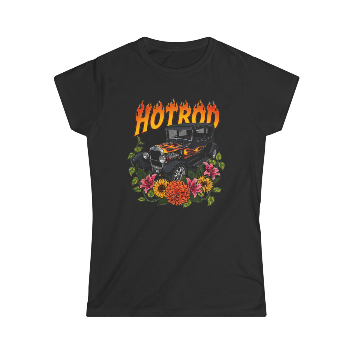 Women's Tee - Classic vintage hotrod with flames blue flames design studio 